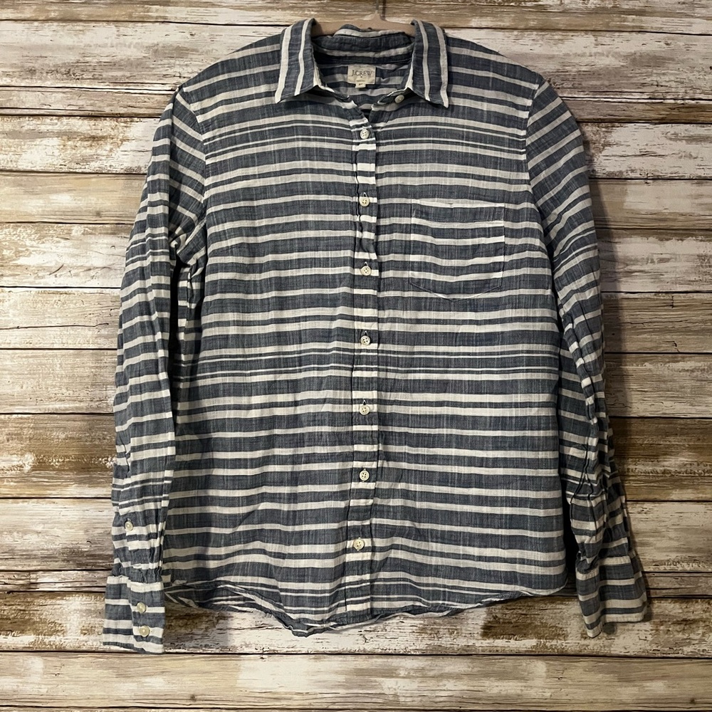 J. Crew Blue and White Striped Button-Down Shirt Long Sleeve Medium Women